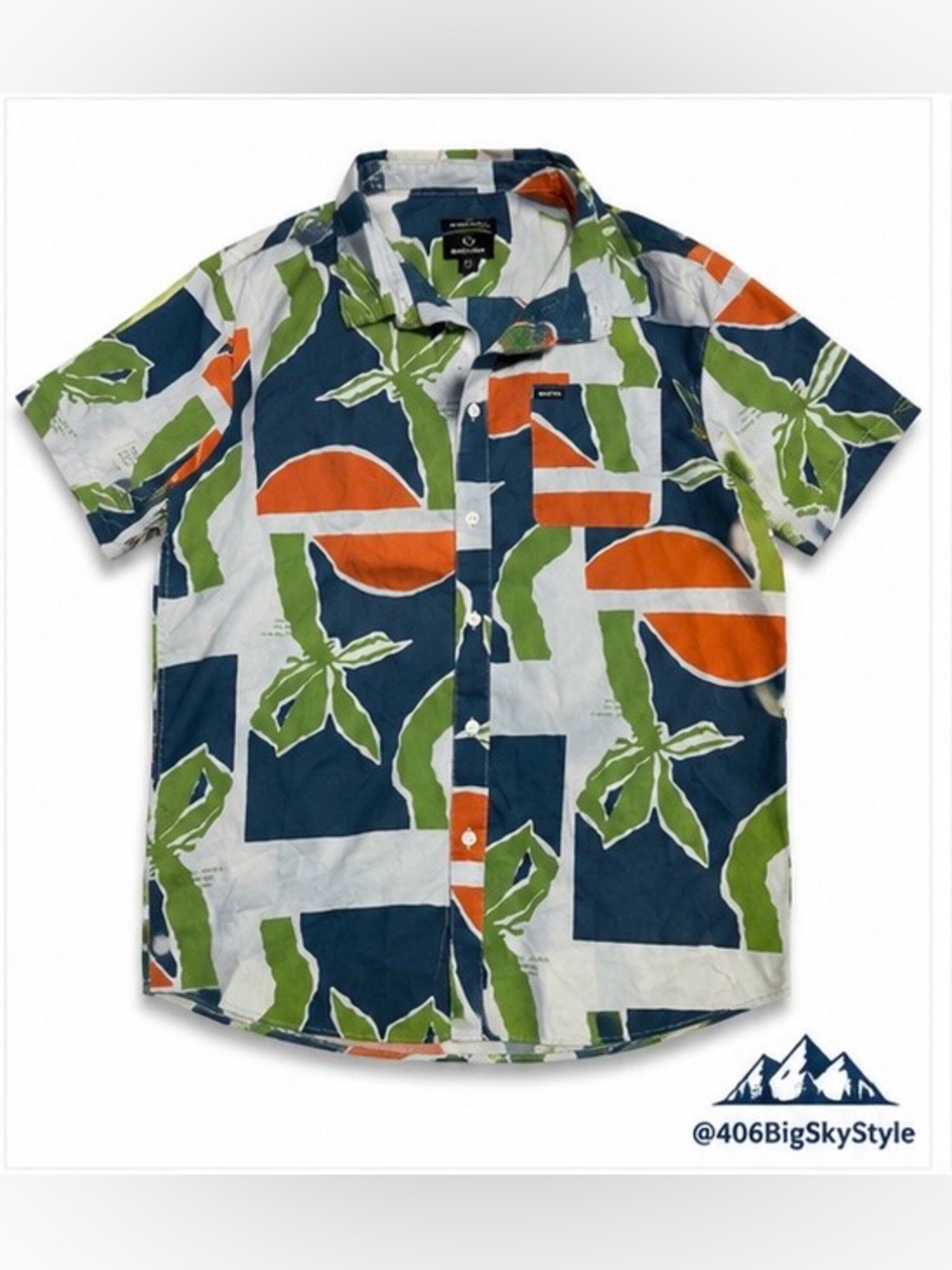 Brixton Men’s Charter Tropical Abstract Button Up Shirt Blue Green Orange L